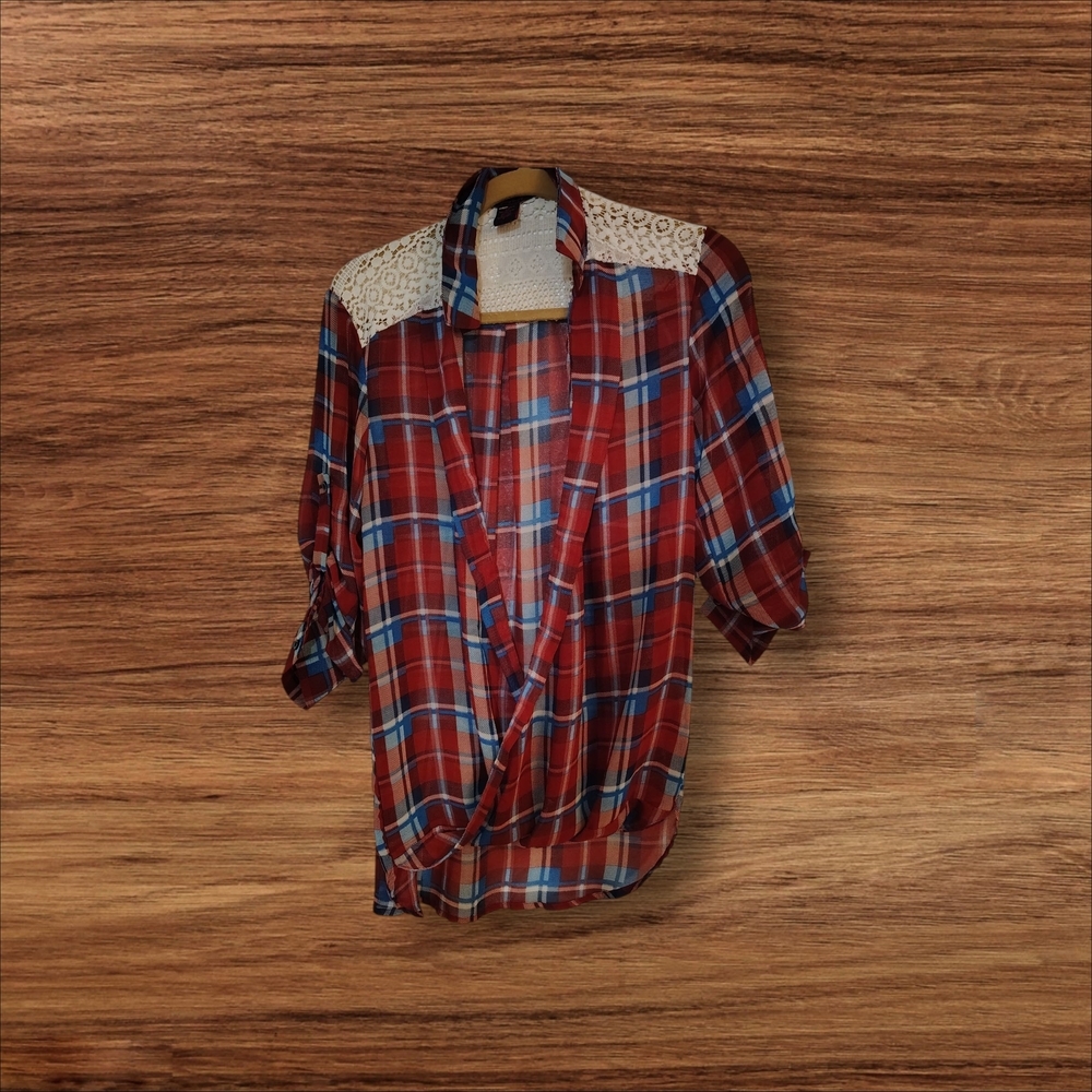 WOMen's Red Plaid Shirt with Lace Detail